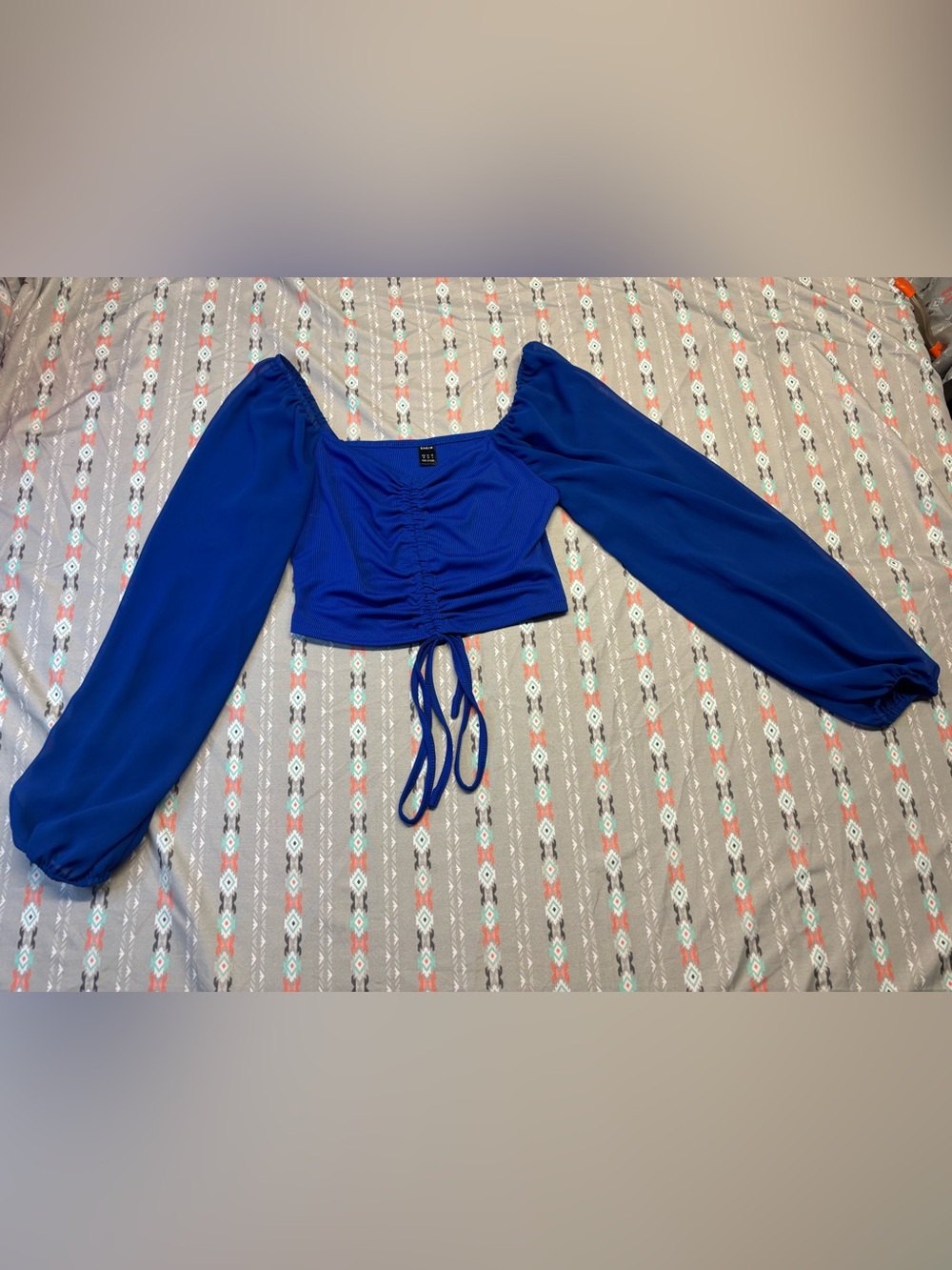 🍄Royal Blue Ruched Tie-Front Puff Sleeve Crop Top